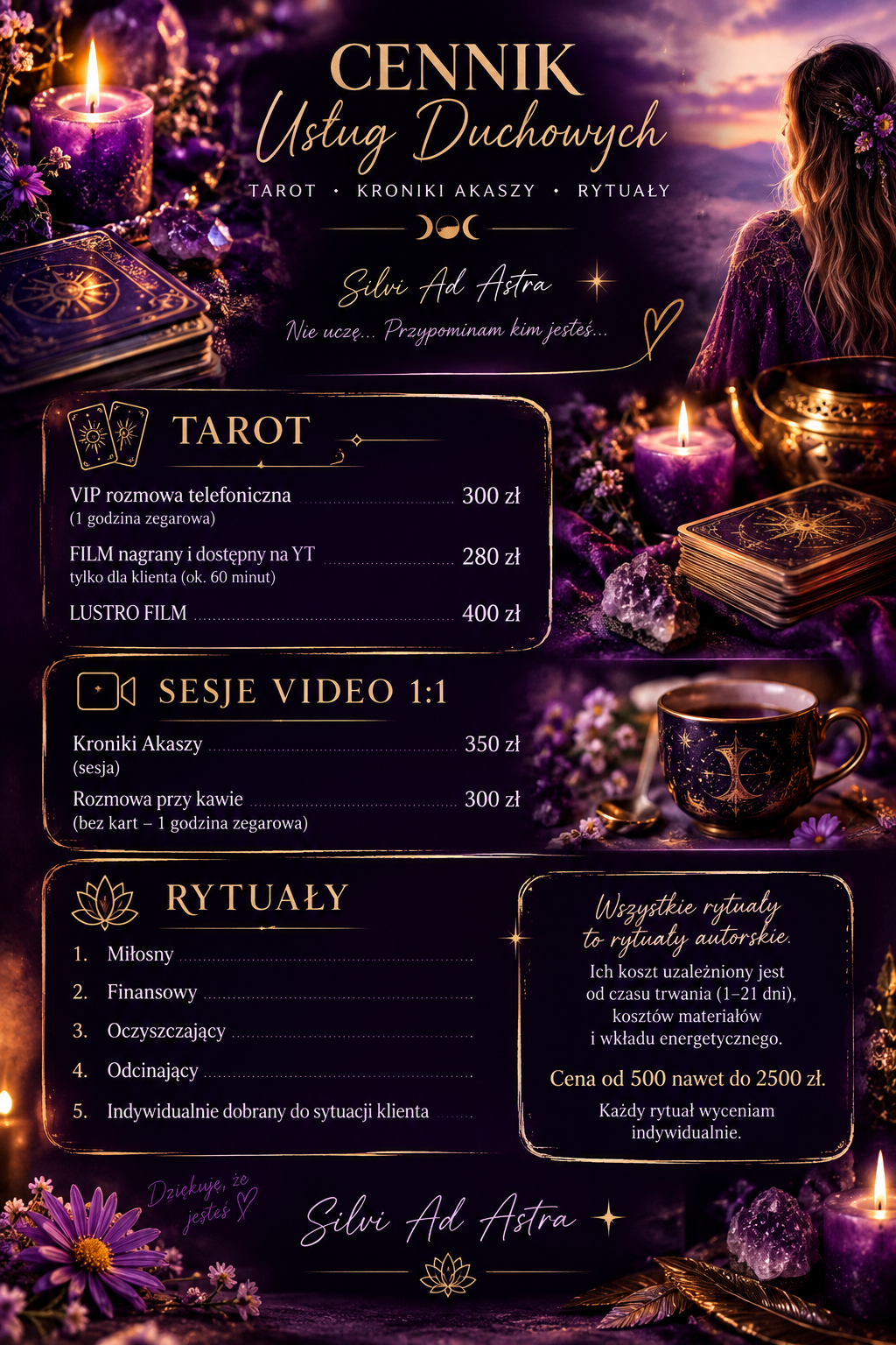 Cennik usług duchowych Silvi Ad Astra – tarot, Kroniki Akaszy, rytuały